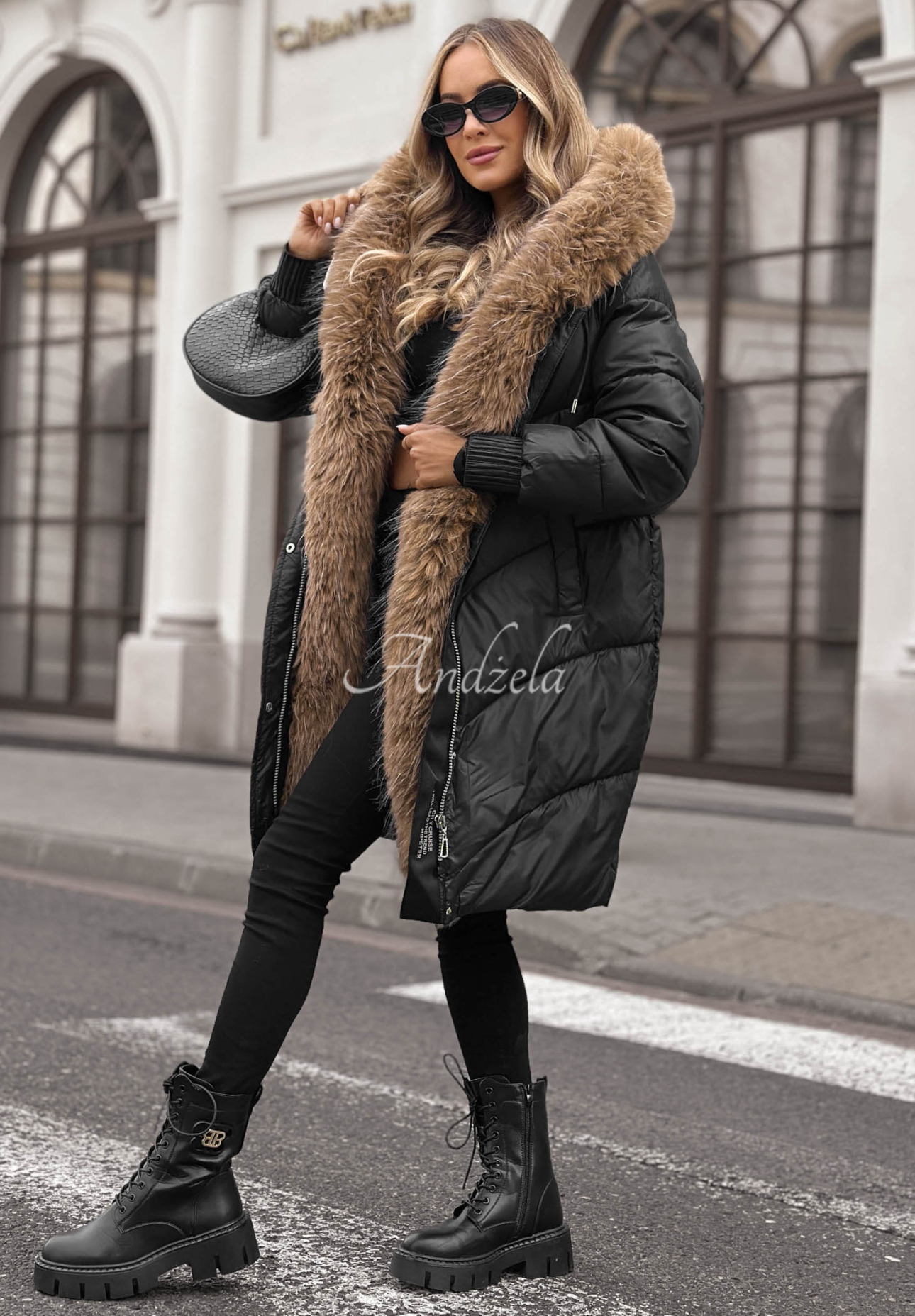 Lange Steppjacke mit Pelz Dusty Morning Schwarz