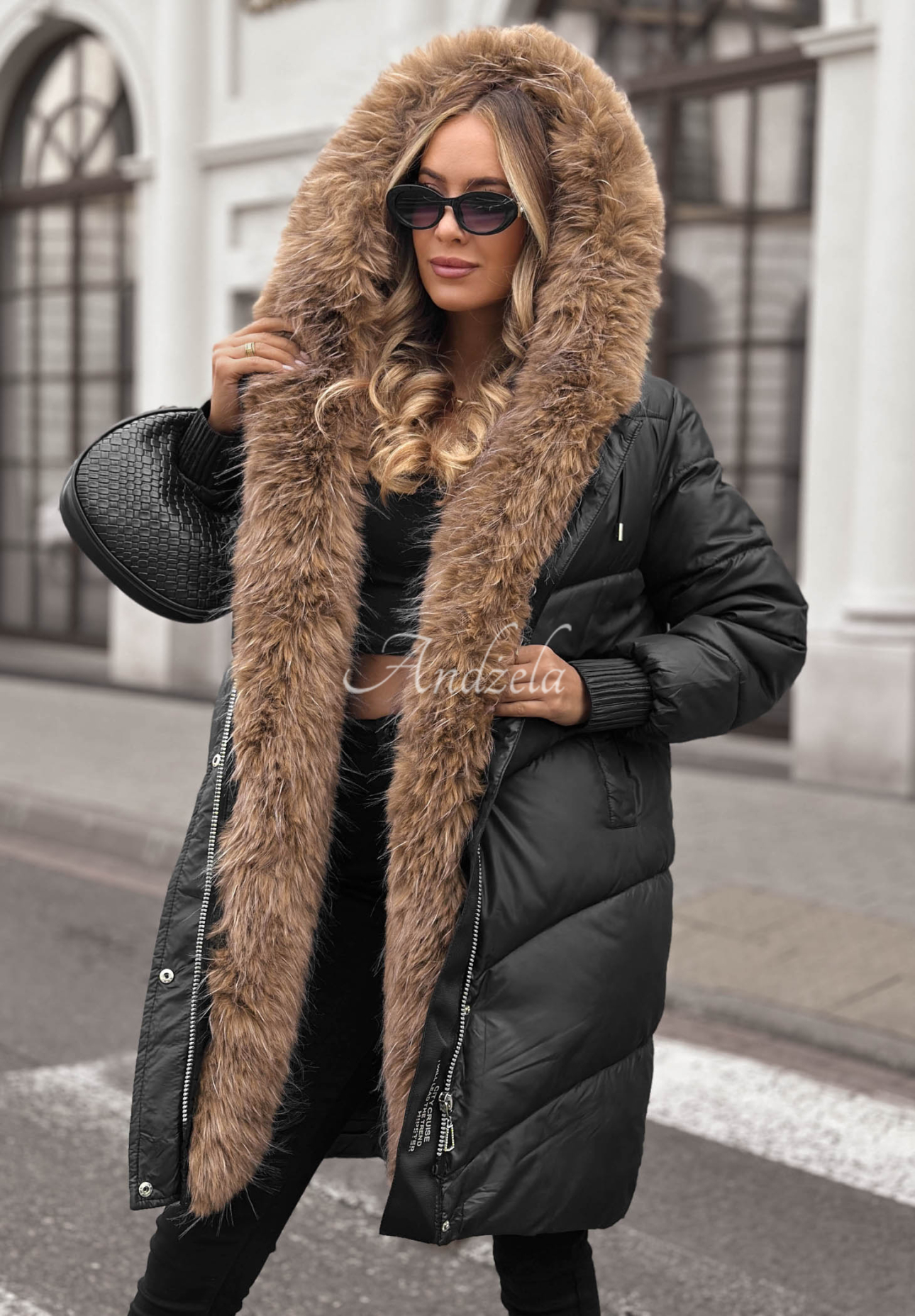 Lange Steppjacke mit Pelz Dusty Morning Schwarz