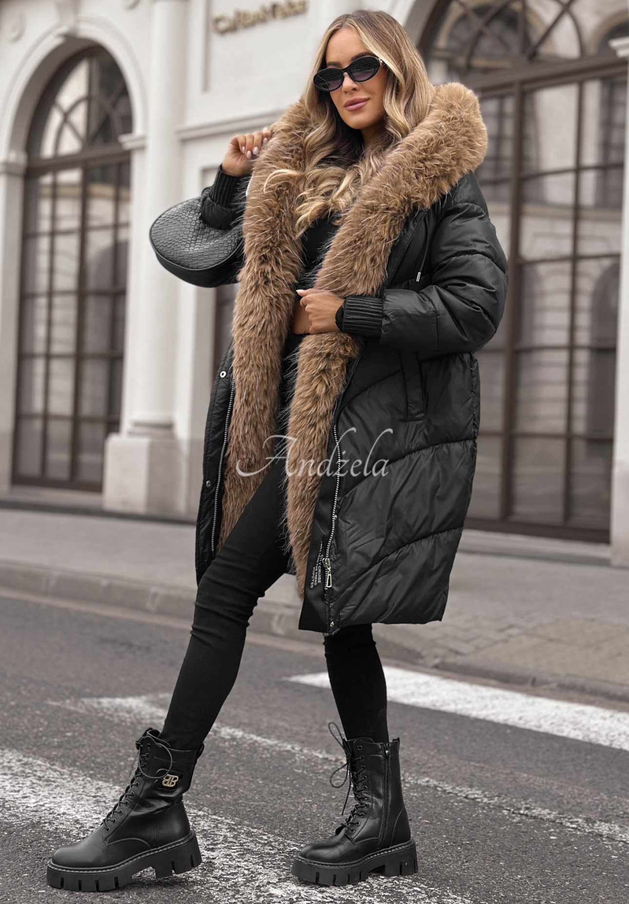Lange Steppjacke mit Pelz Dusty Morning Schwarz