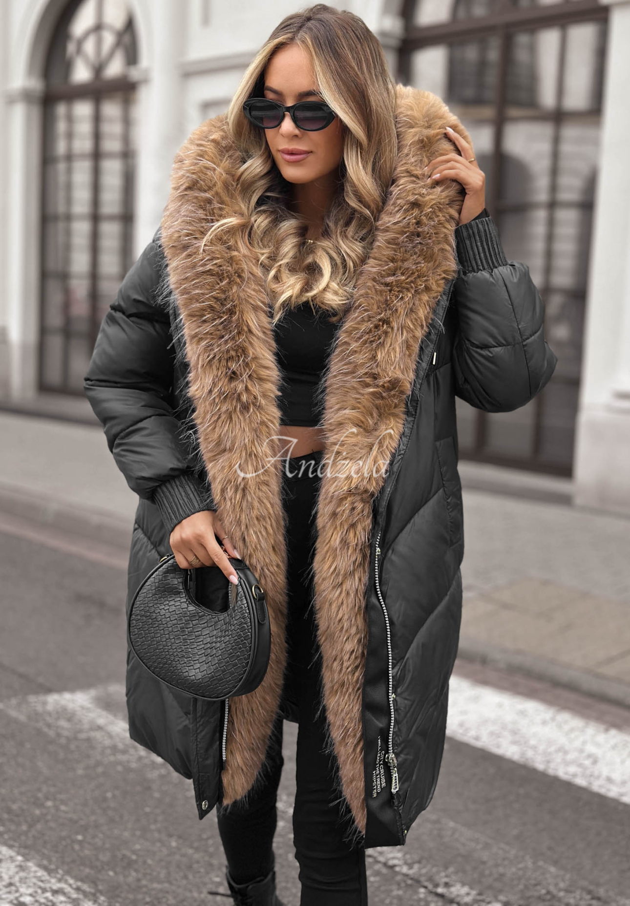 Lange Steppjacke mit Pelz Dusty Morning Schwarz