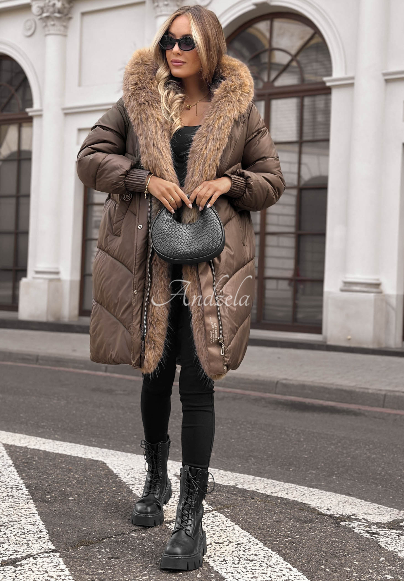 Lange Steppjacke mit Pelz Dusty Morning Schokoladenbraun