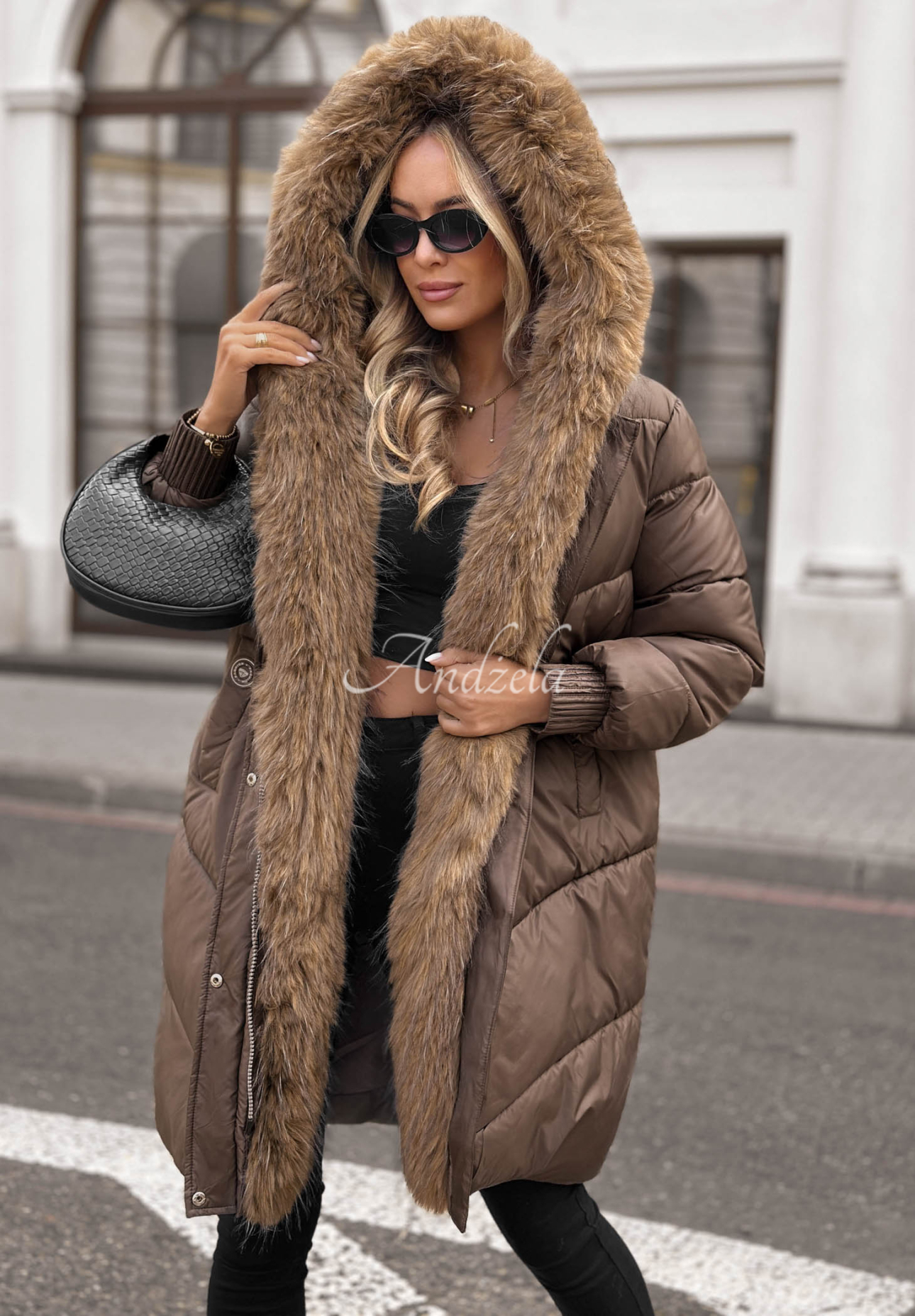 Lange Steppjacke mit Pelz Dusty Morning Schokoladenbraun