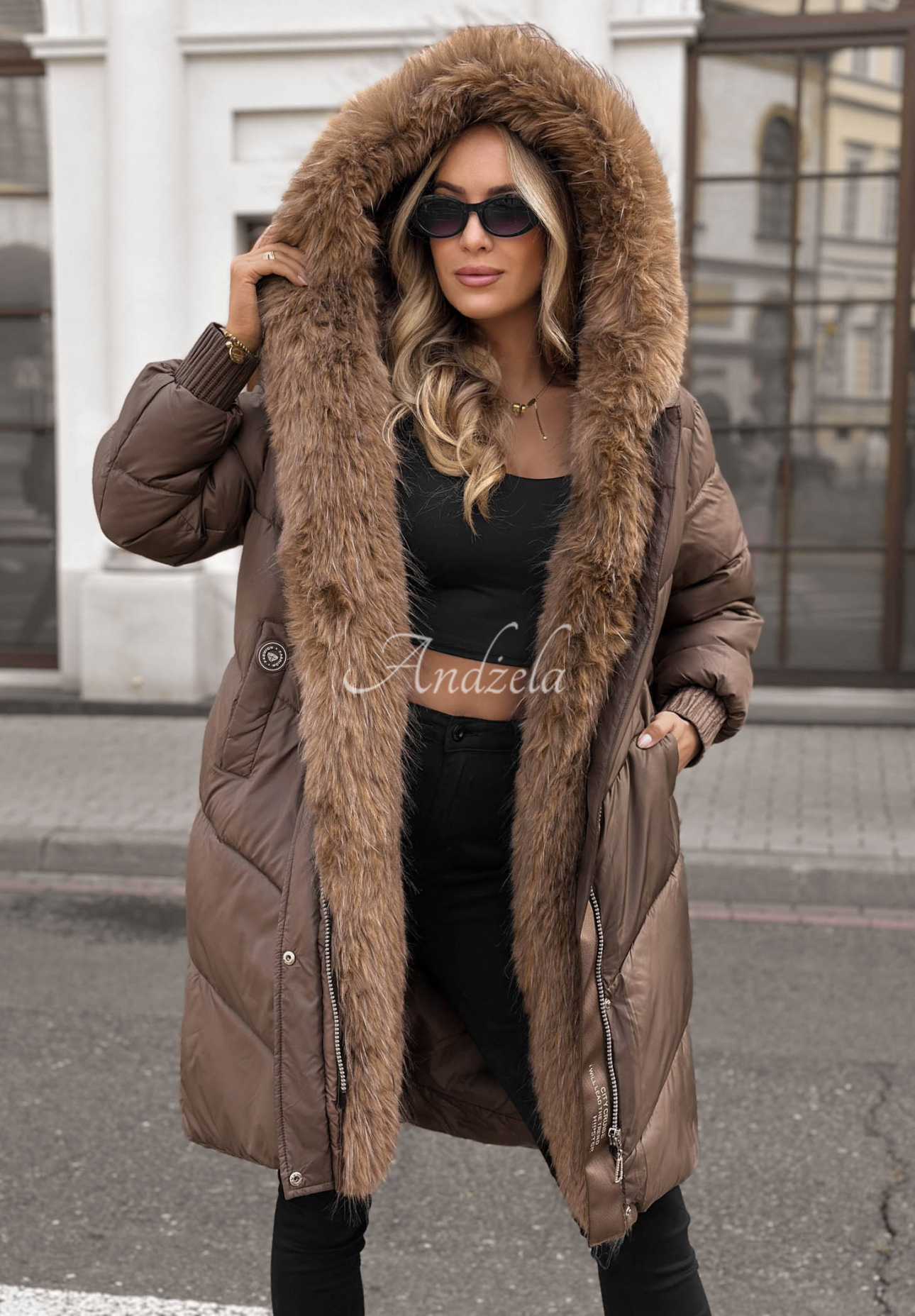 Lange Steppjacke mit Pelz Dusty Morning Schokoladenbraun