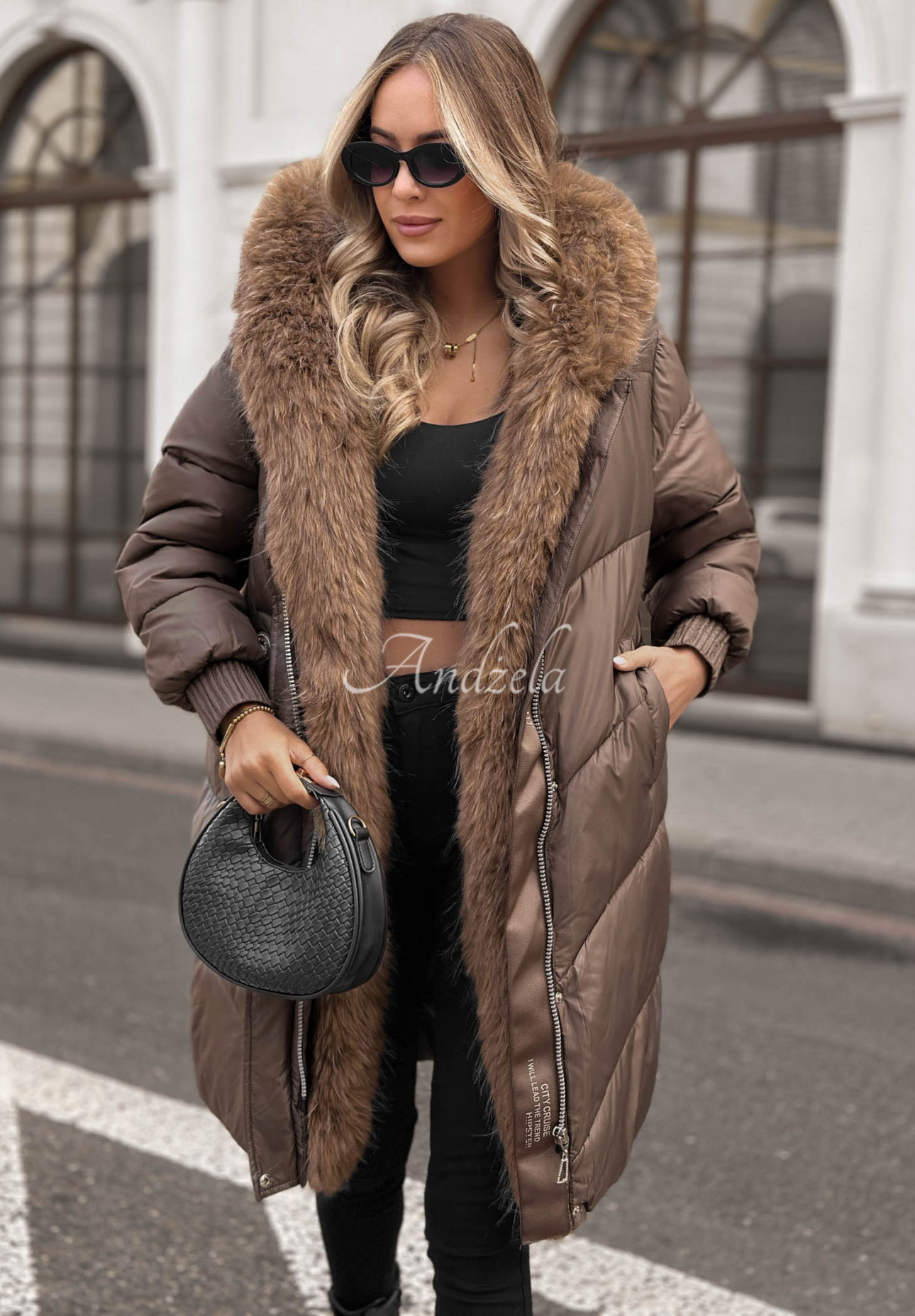 Lange Steppjacke mit Pelz Dusty Morning Schokoladenbraun