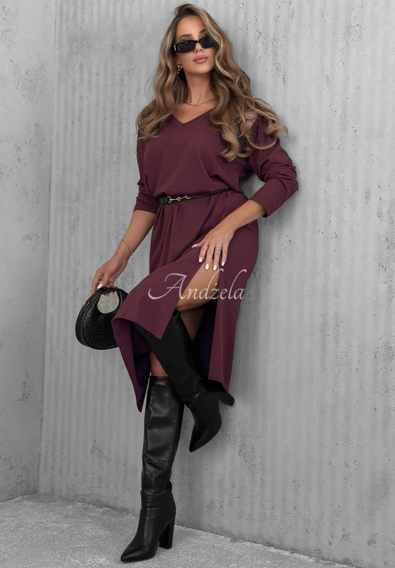 Midikleid aus Baumwolle mit V-Ausschnitt Daily Style Beerenfarben