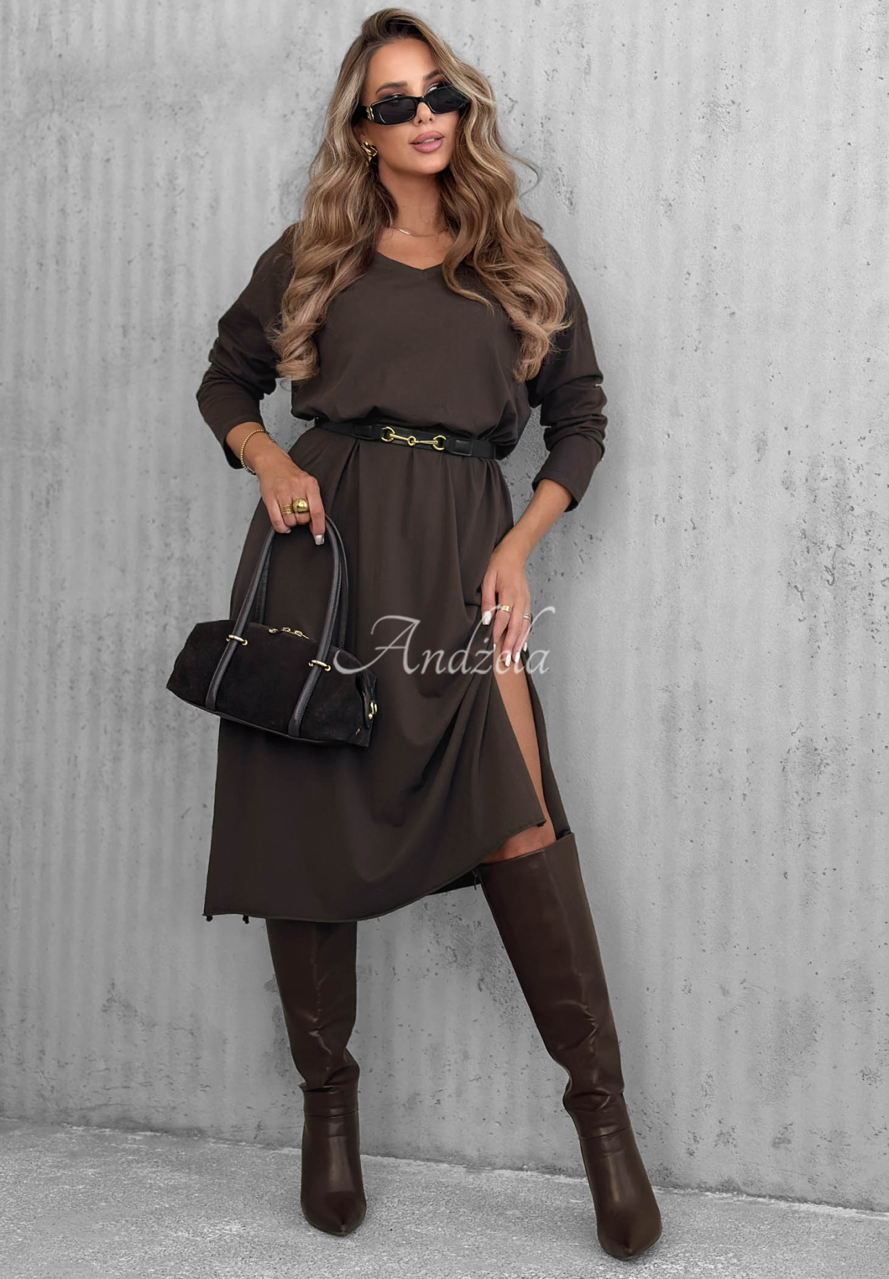 Midikleid aus Baumwolle mit V-Ausschnitt Daily Style Schokoladenbraun