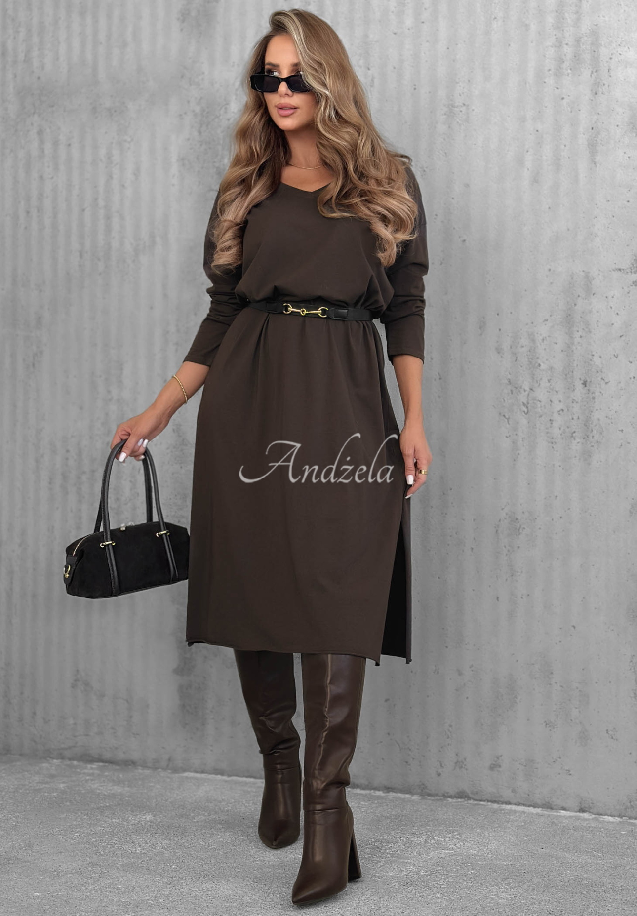 Midikleid aus Baumwolle mit V-Ausschnitt Daily Style Schokoladenbraun