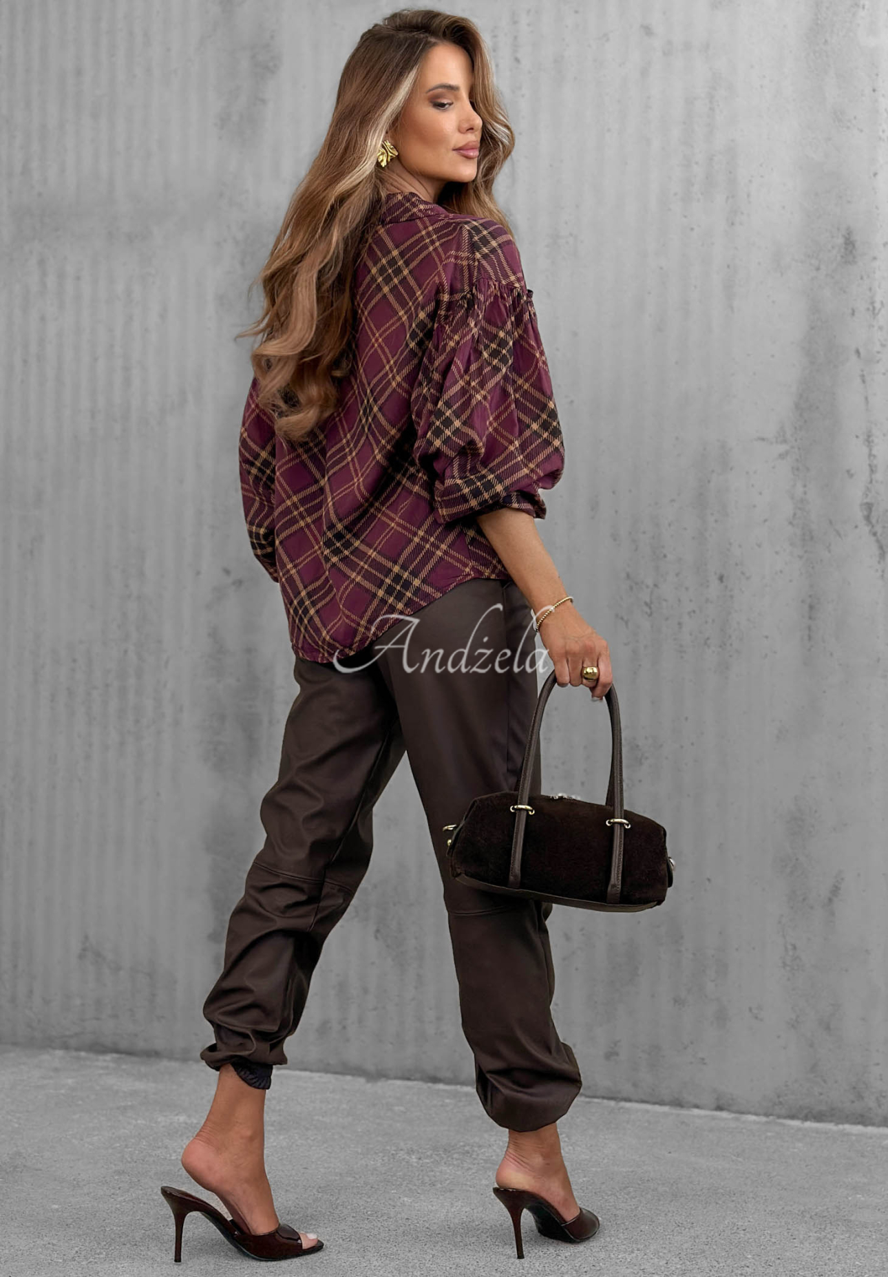 Kariertes Baumwollhemd mit Taschen und Puffärmeln Autumn Tale Beerenfarben