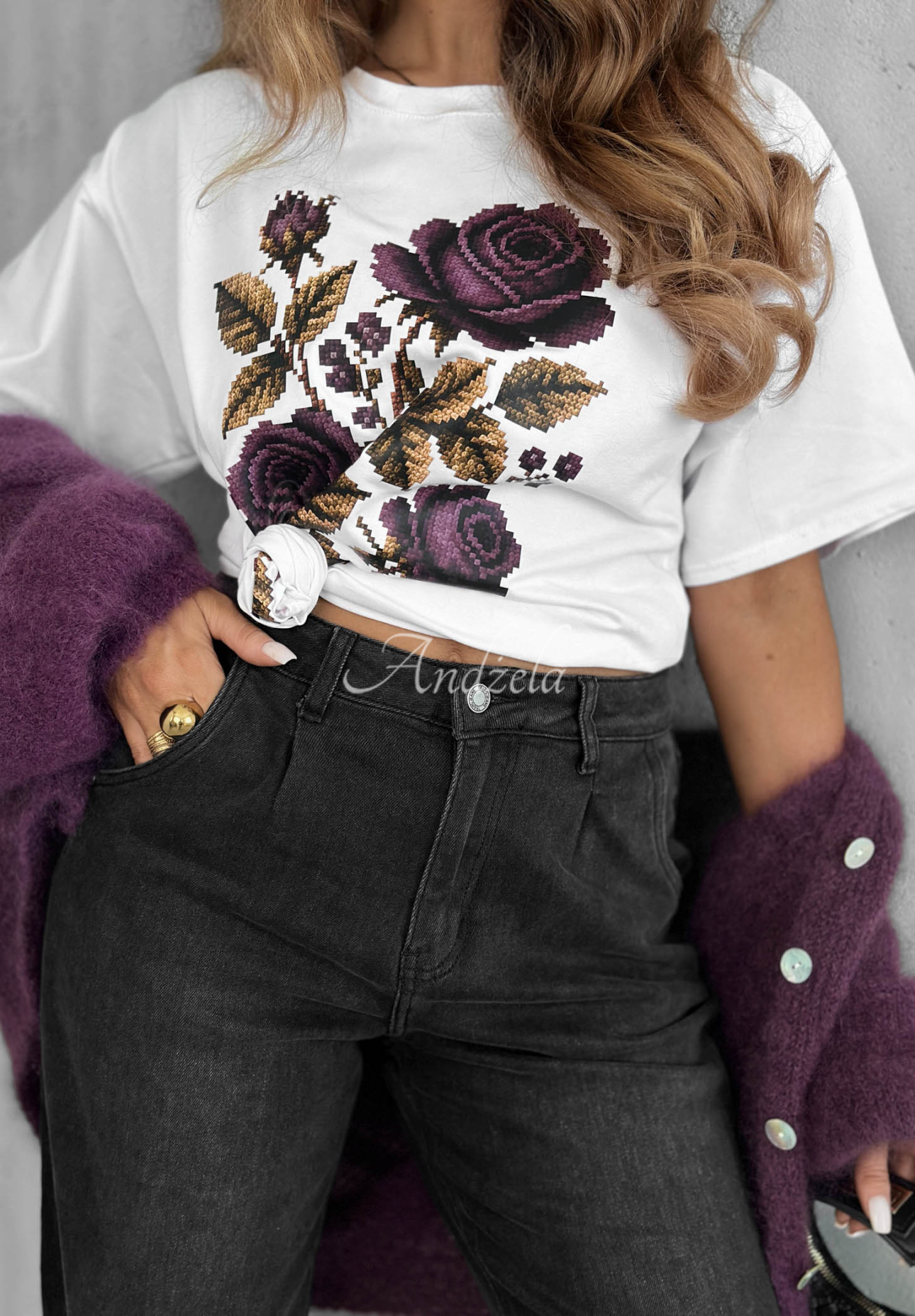 Baumwoll-T-Shirt mit Aufdruck Forgotten Roses Weiß