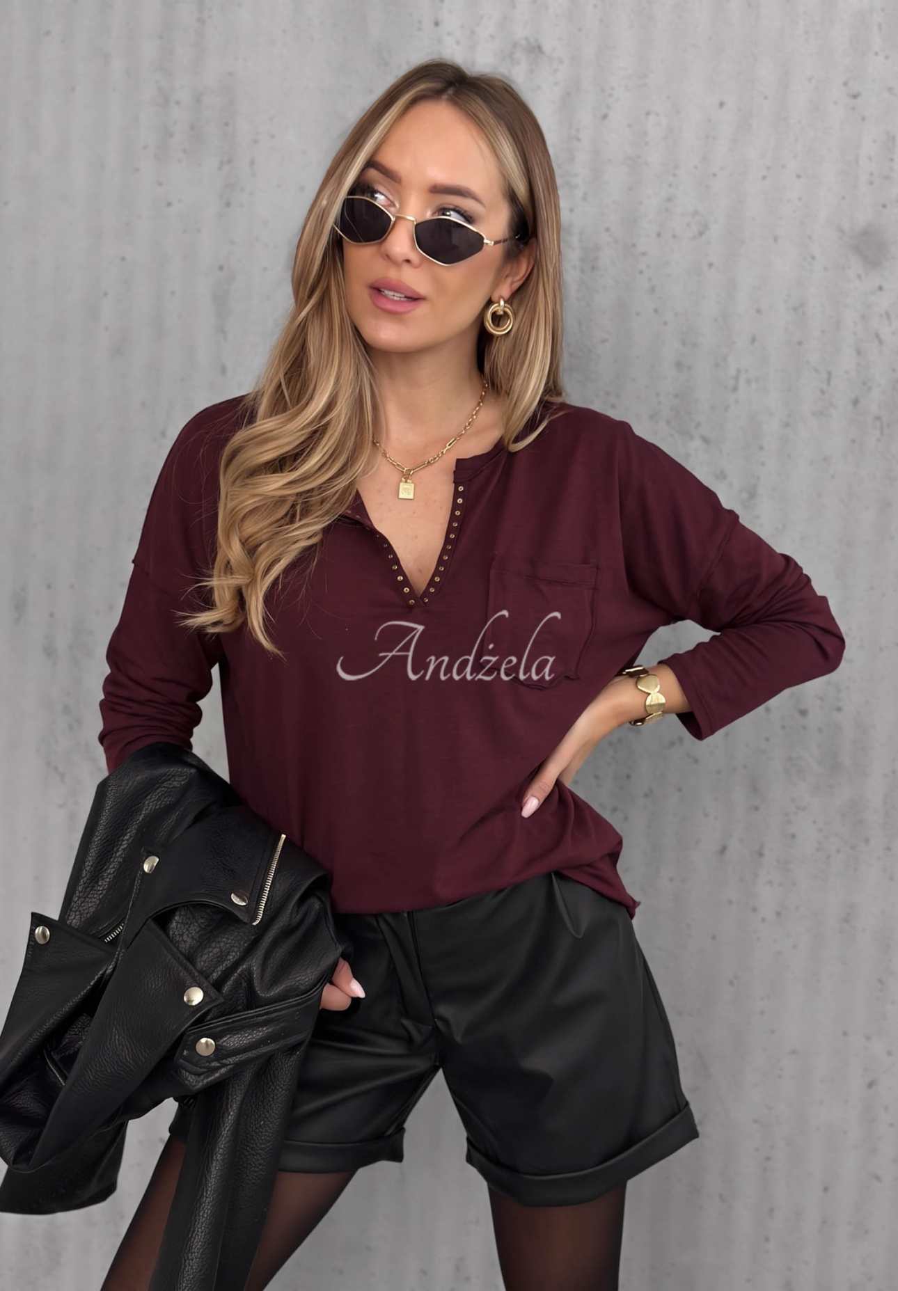Langarmbluse aus Baumwolle mit Ausschnitt Basic Charm Beerenfarben