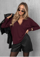 Bawełniana Bluse longsleeve z dekoltem Basic Charm Burgunderrot