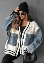 Ozdobnie pleciony Pullover Cardigan z jeansowymi elementami Morning Streets Ecru