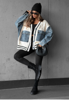 Ozdobnie pleciony Pullover Cardigan z jeansowymi elementami Morning Streets Ecru