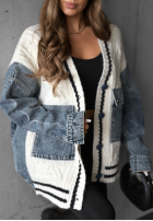 Ozdobnie pleciony Pullover Cardigan z jeansowymi elementami Morning Streets Ecru