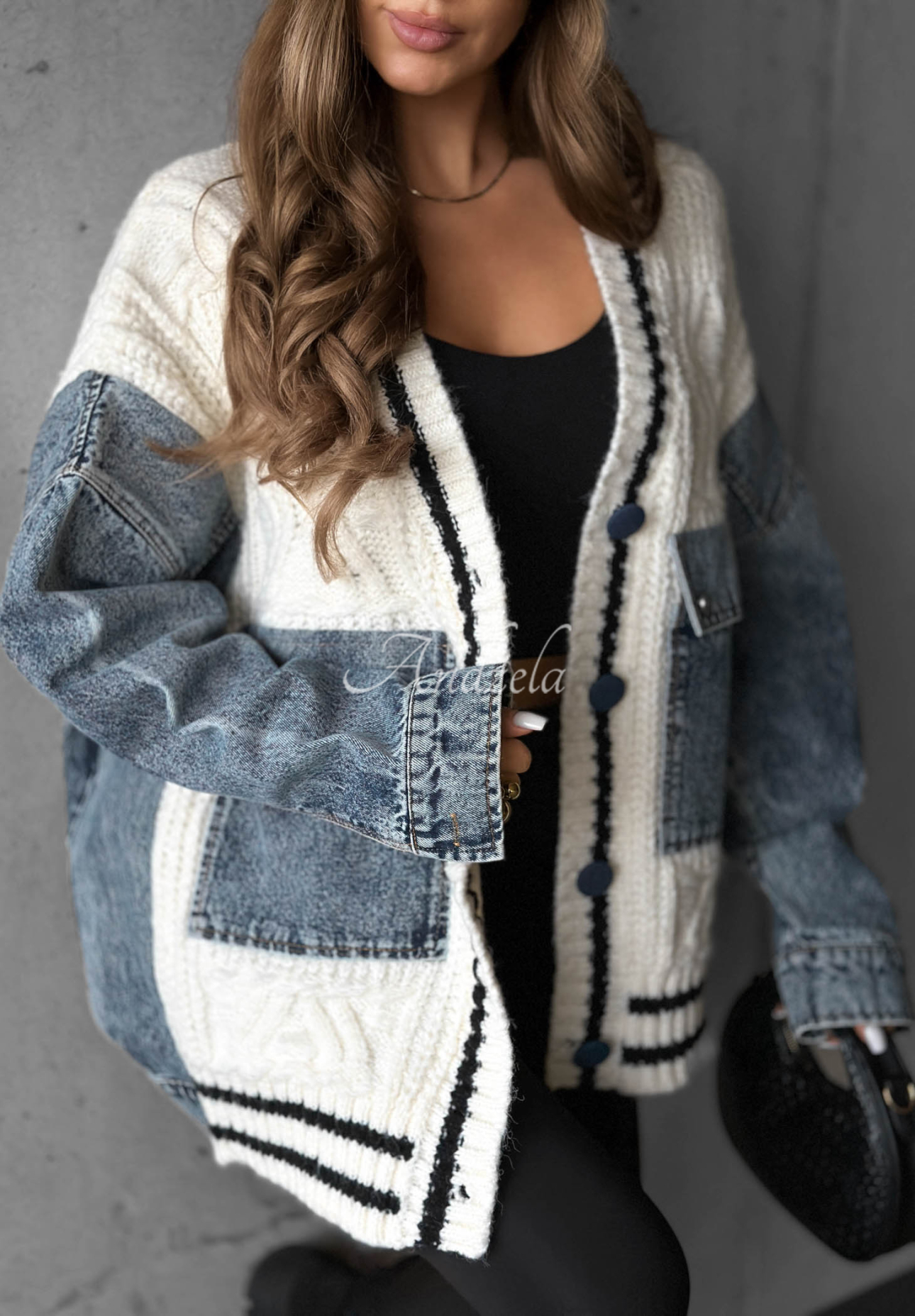 Cardigan aus Baumwolle mit Denim-Elementen Morning Streets Ecru