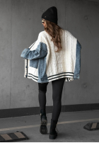 Ozdobnie pleciony Pullover Cardigan z jeansowymi elementami Morning Streets Ecru
