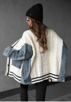 Ozdobnie pleciony Pullover Cardigan z jeansowymi elementami Morning Streets Ecru