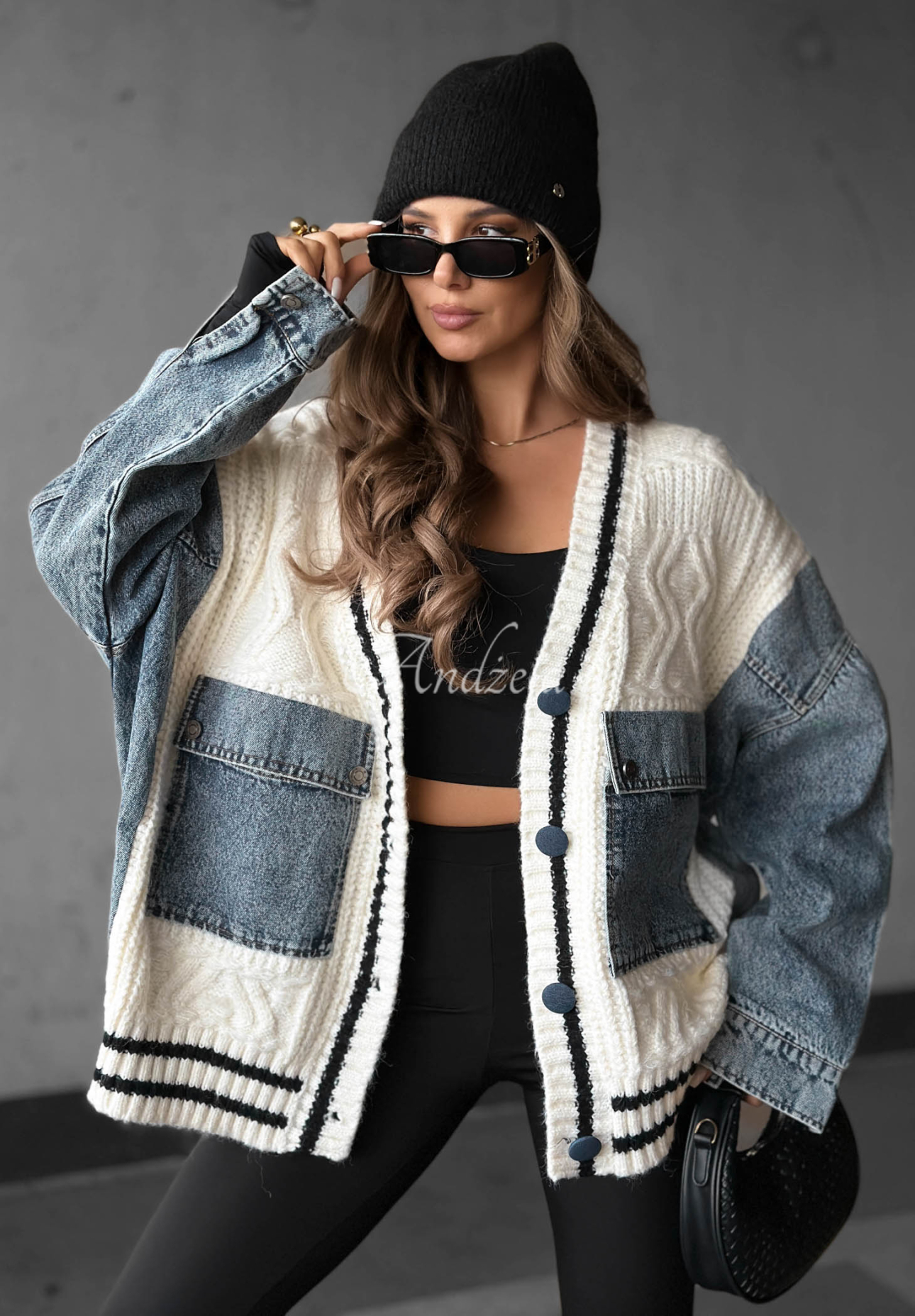 Cardigan aus Baumwolle mit Denim-Elementen Morning Streets Ecru