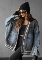Ozdobnie pleciony Pullover Cardigan z jeansowymi elementami Morning Streets Ecru
