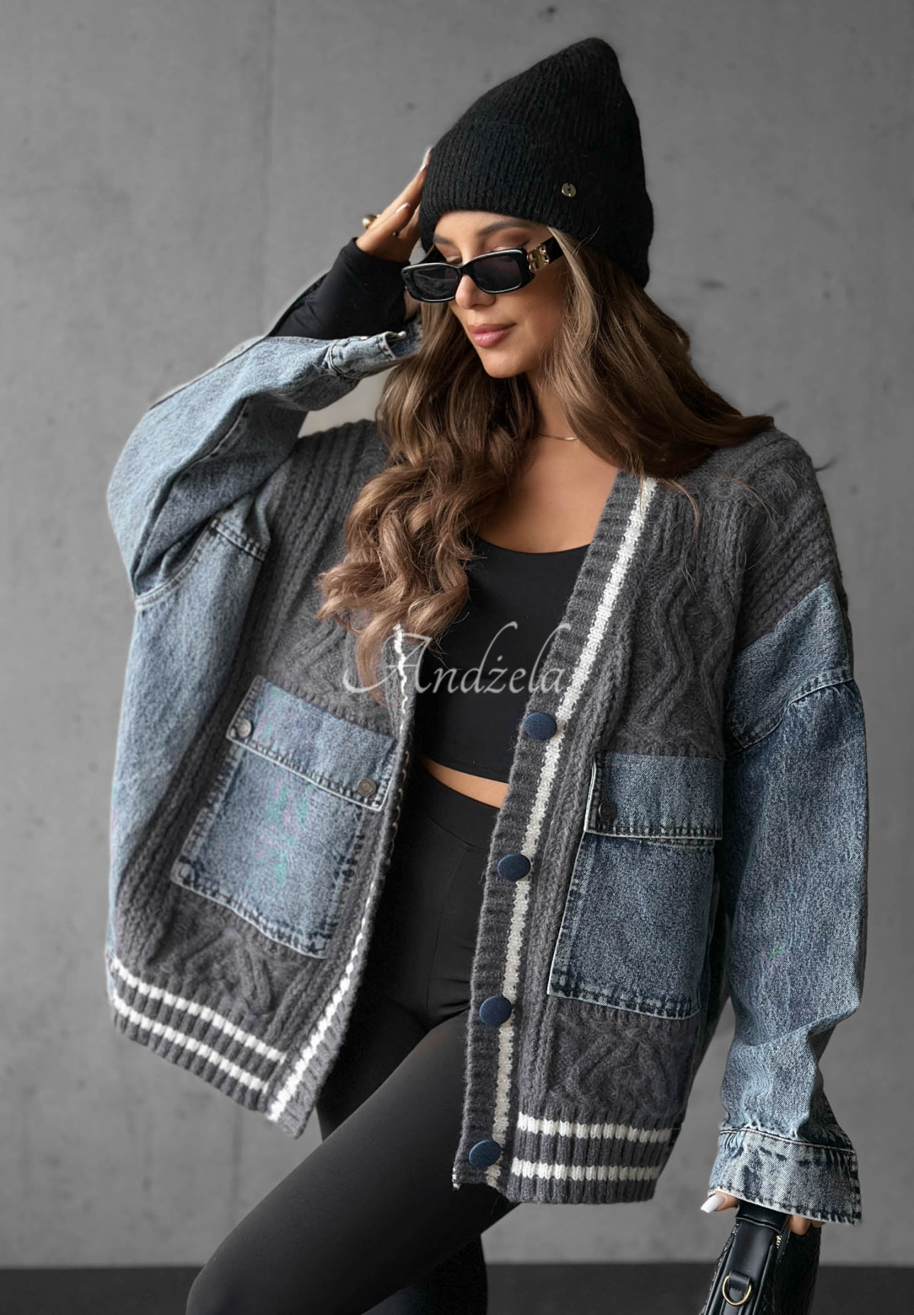 Cardigan aus Baumwolle mit Denim-Elementen Morning Streets Grau