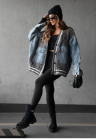 Ozdobnie pleciony Pullover Cardigan z jeansowymi elementami Morning Streets Ecru