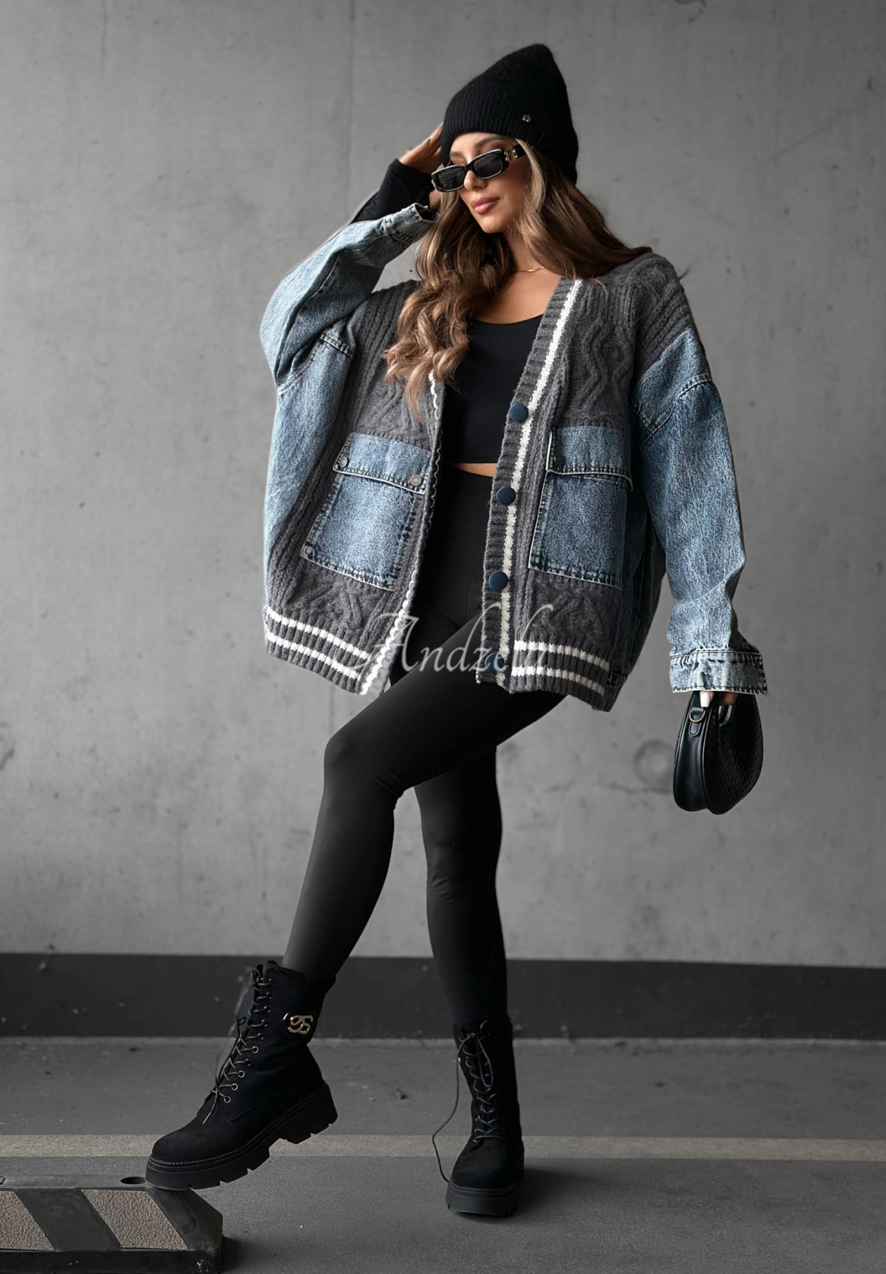 Cardigan aus Baumwolle mit Denim-Elementen Morning Streets Grau