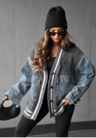 Ozdobnie pleciony Pullover Cardigan z jeansowymi elementami Morning Streets Ecru