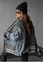 Ozdobnie pleciony Pullover Cardigan z jeansowymi elementami Morning Streets Ecru