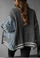 Ozdobnie pleciony Pullover Cardigan z jeansowymi elementami Morning Streets Ecru