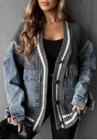 Ozdobnie pleciony Pullover Cardigan z jeansowymi elementami Morning Streets Ecru