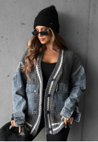 Ozdobnie pleciony Pullover Cardigan z jeansowymi elementami Morning Streets Ecru