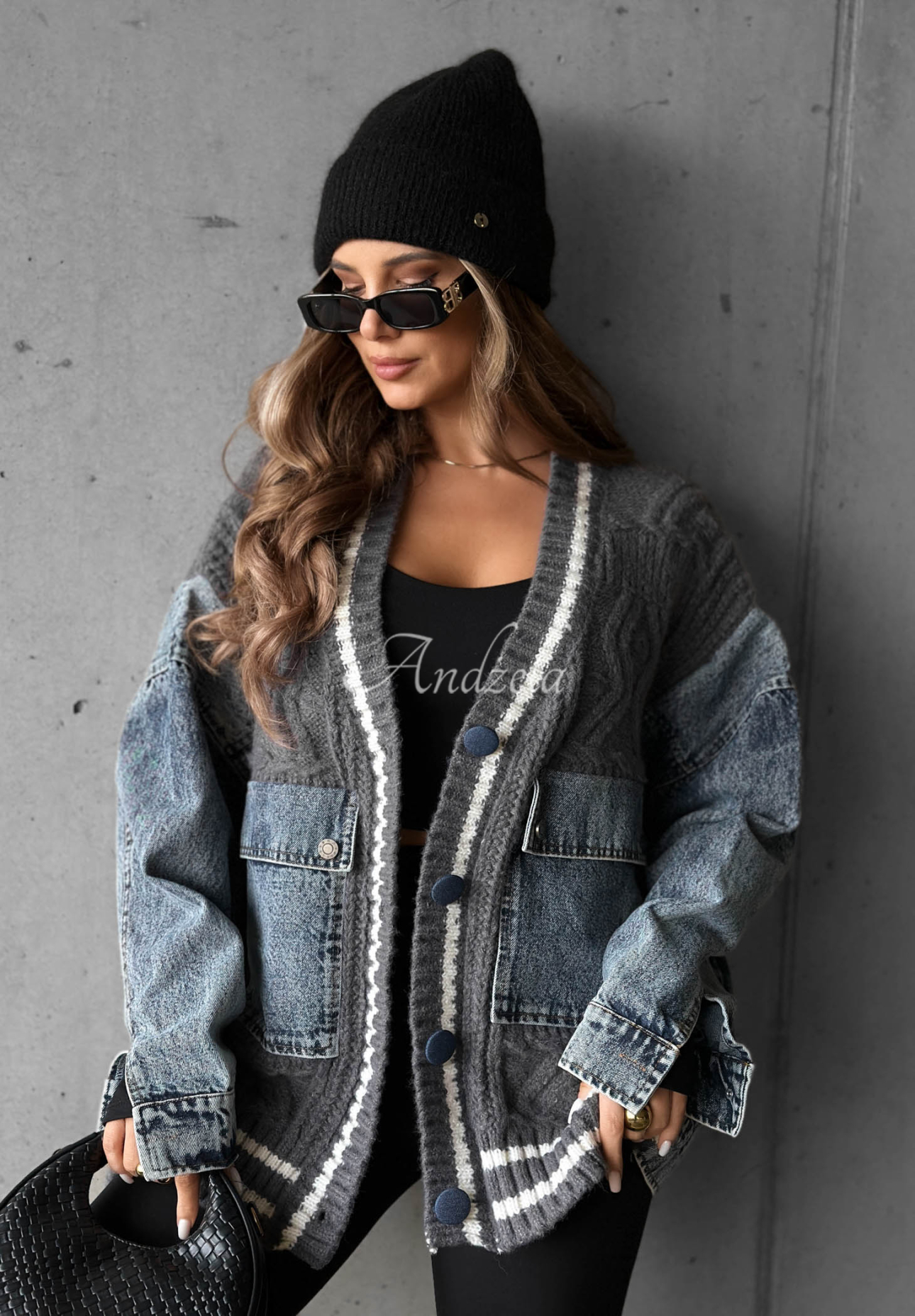Cardigan aus Baumwolle mit Denim-Elementen Morning Streets Grau