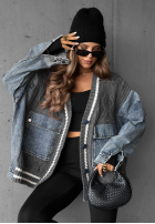 Ozdobnie pleciony Pullover Cardigan z jeansowymi elementami Morning Streets Ecru