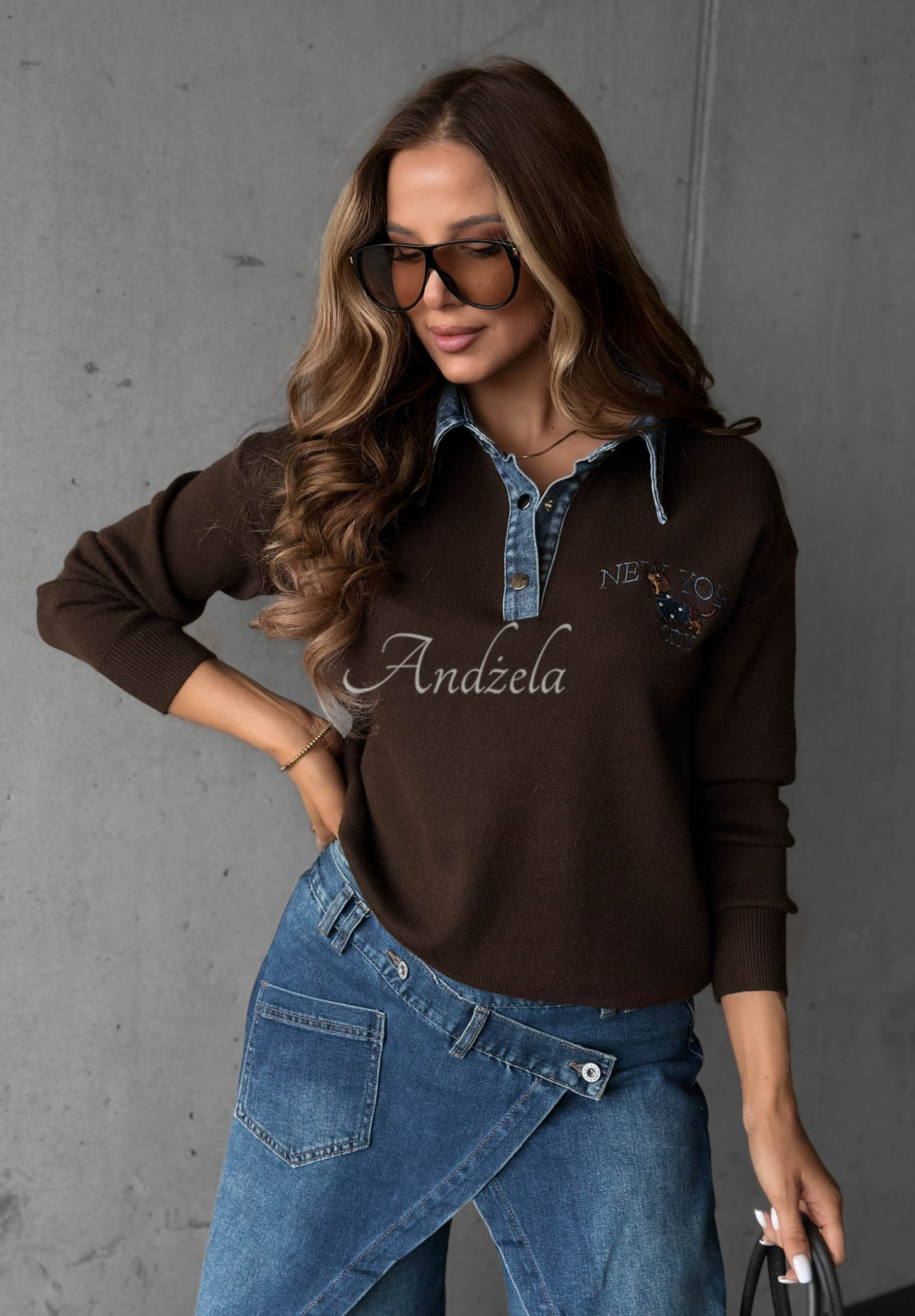 Viskosepullover mit Jeanskragen NY City Schokoladenbraun