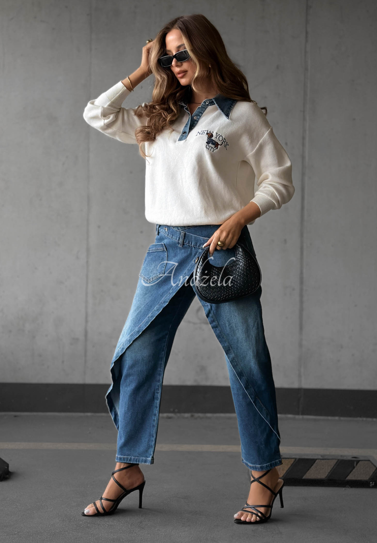 Viskosepullover mit Jeanskragen NY City Ecru