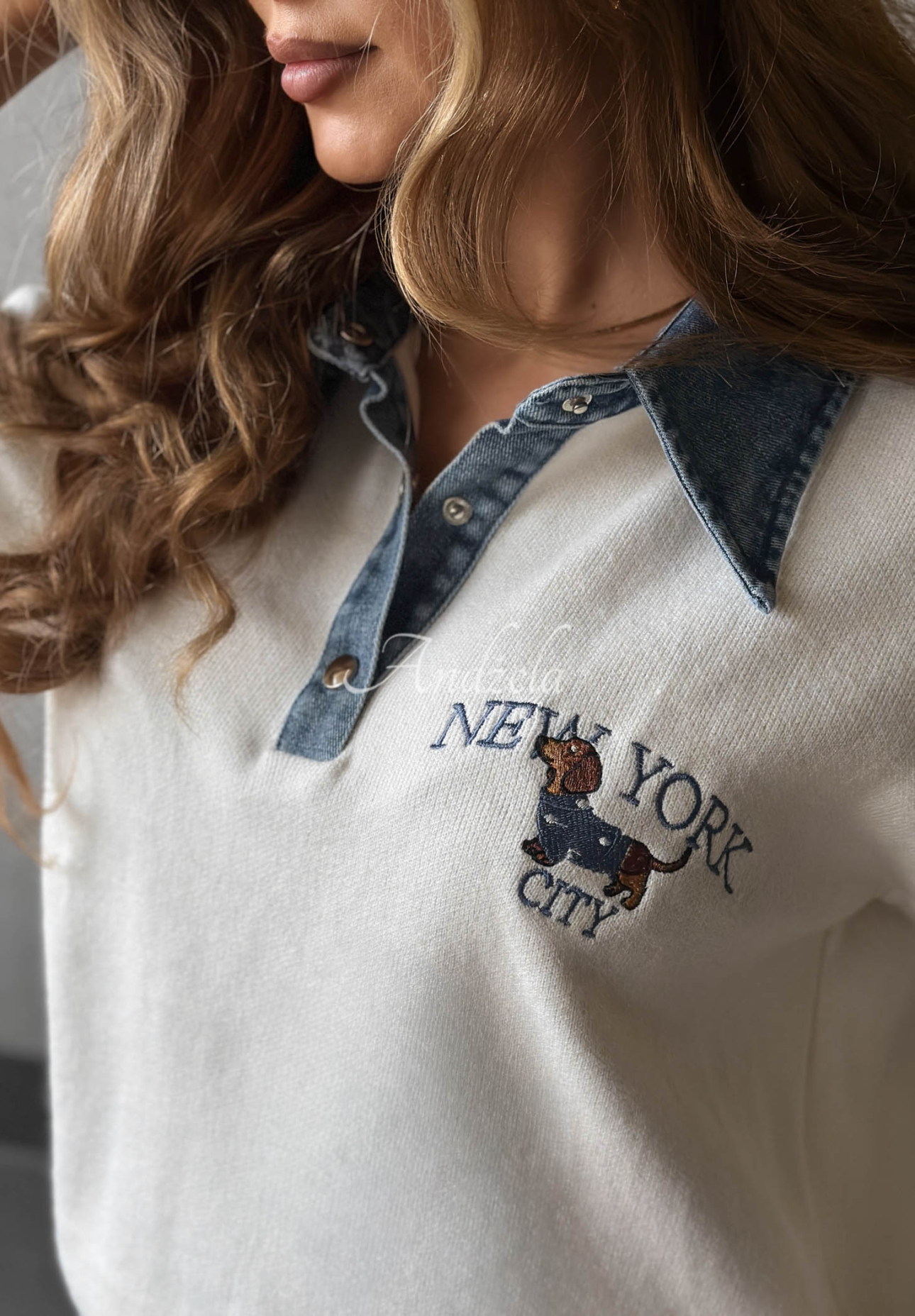 Viskosepullover mit Jeanskragen NY City Ecru