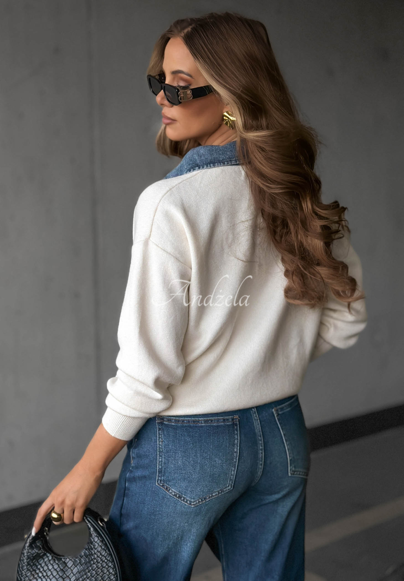 Viskosepullover mit Jeanskragen NY City Ecru