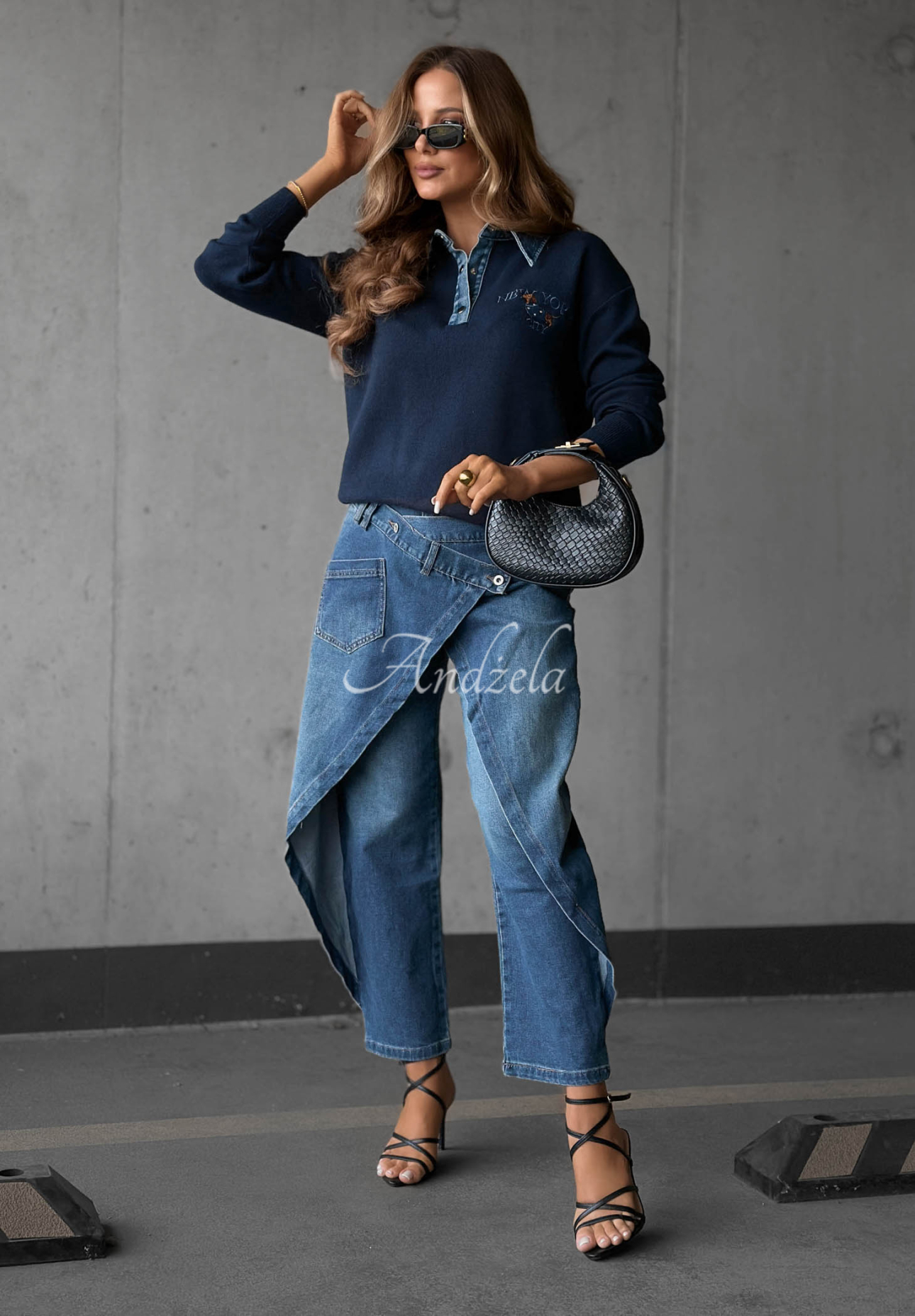 Viskosepullover mit Jeanskragen NY City Dunkelblau