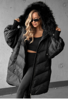 Puchowa pikowana Jacke z kapturem i futerkiem Shiny Frost Schwarz