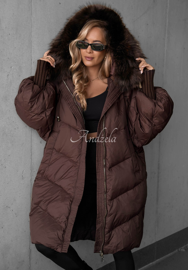 Lange Daunenjacke mit Kapuze und Pelz Shiny Frost Schokoladenbraun