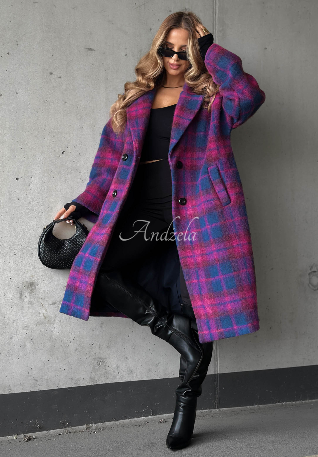 Zweireihiger Wollmantel mit Karomuster Colorful Sunset Blaubeere-rosa