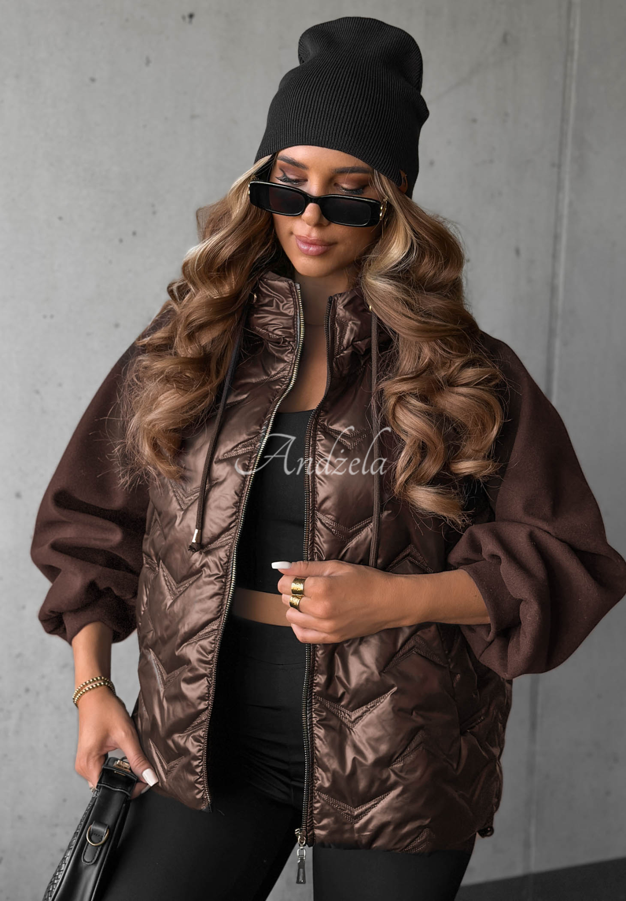 Steppjacke mit Kapuze Coffee Time Schokoladenbraun
