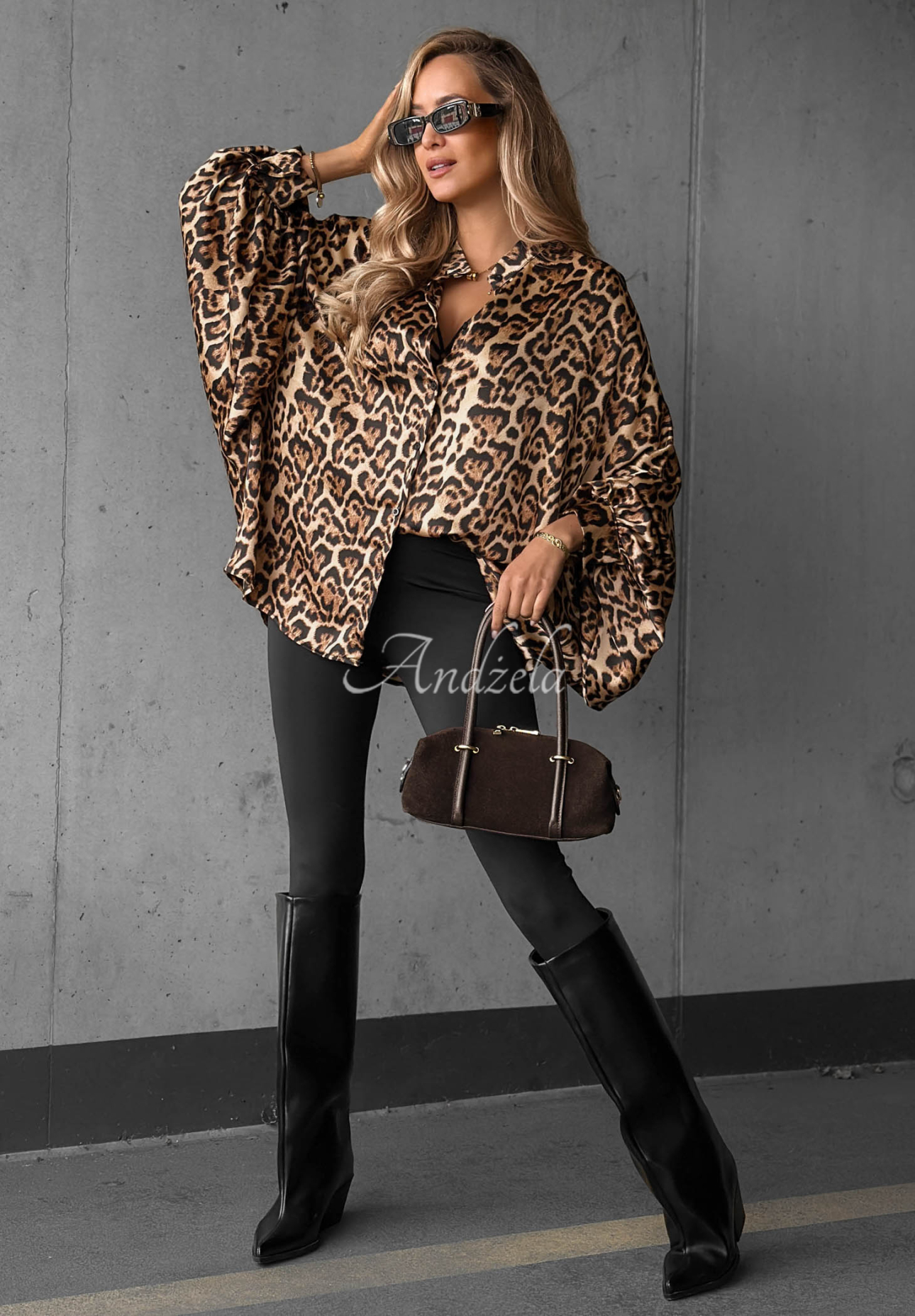 Oversized Satinhemd mit Leopardenmuster Wild Allure Camel