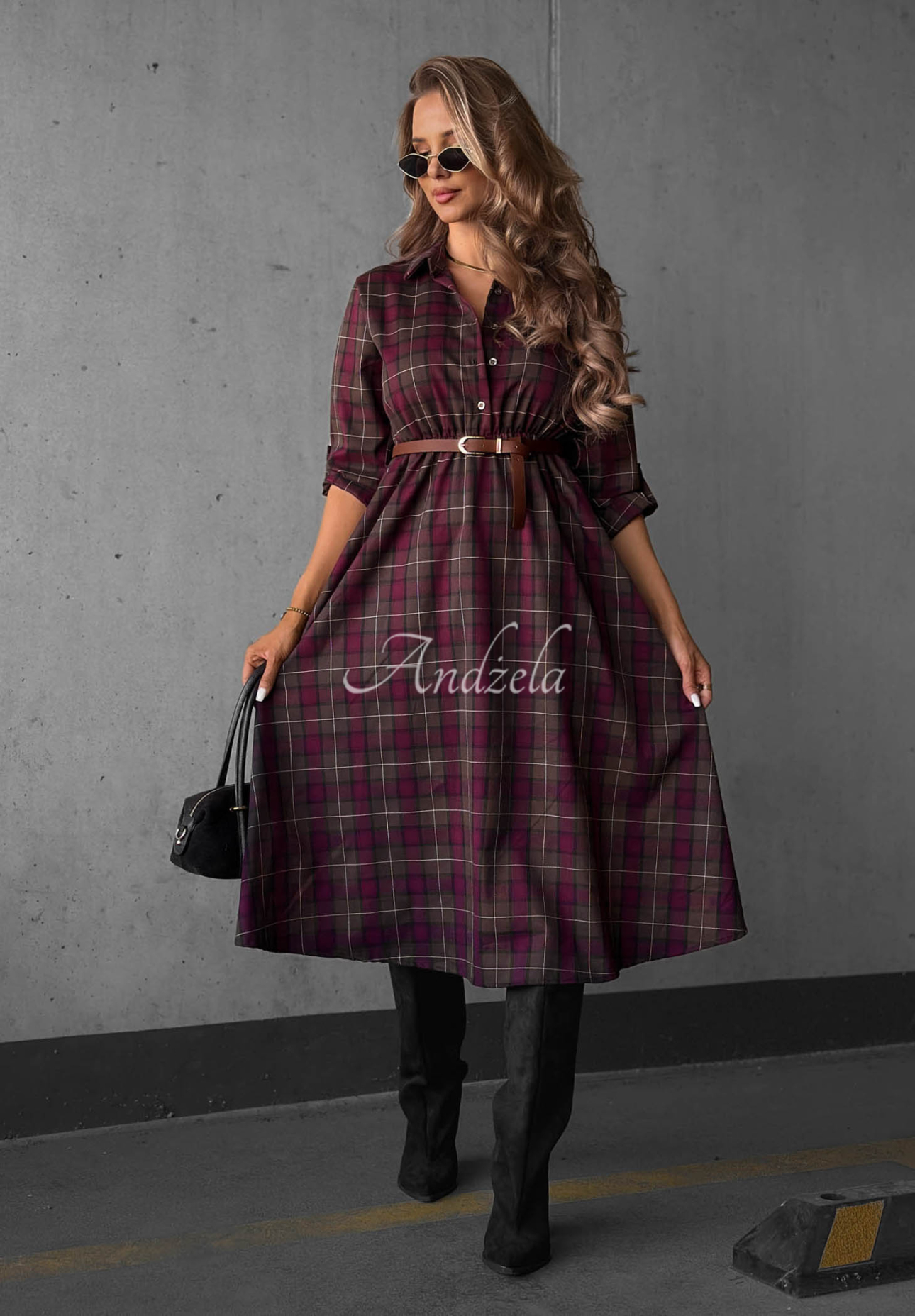 Midikleid im Hemdblusenstil mit Karomuster und Gürtel Dark Romance schokoladenbraun-burgunderrot