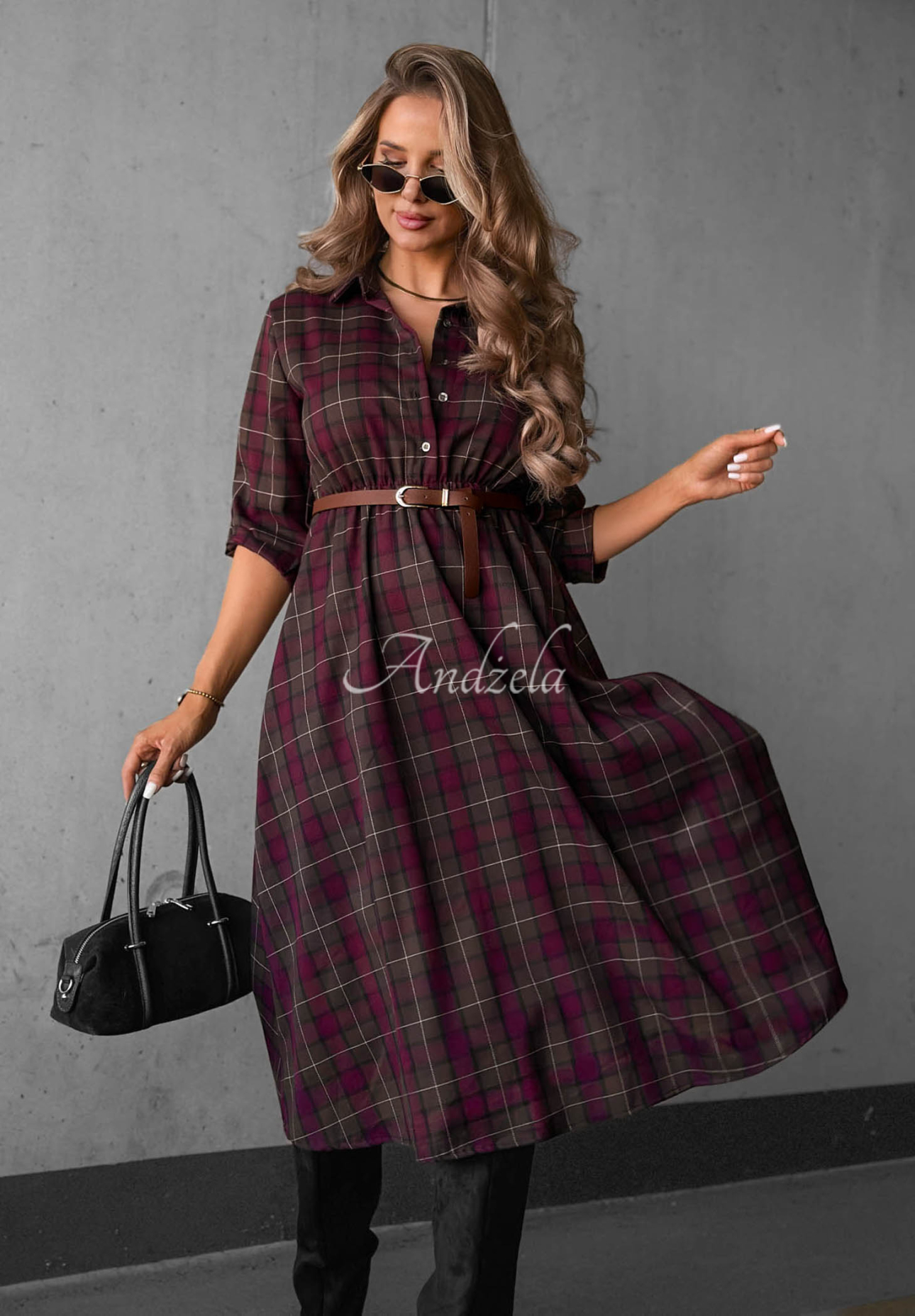 Midikleid im Hemdblusenstil mit Karomuster und Gürtel Dark Romance schokoladenbraun-burgunderrot