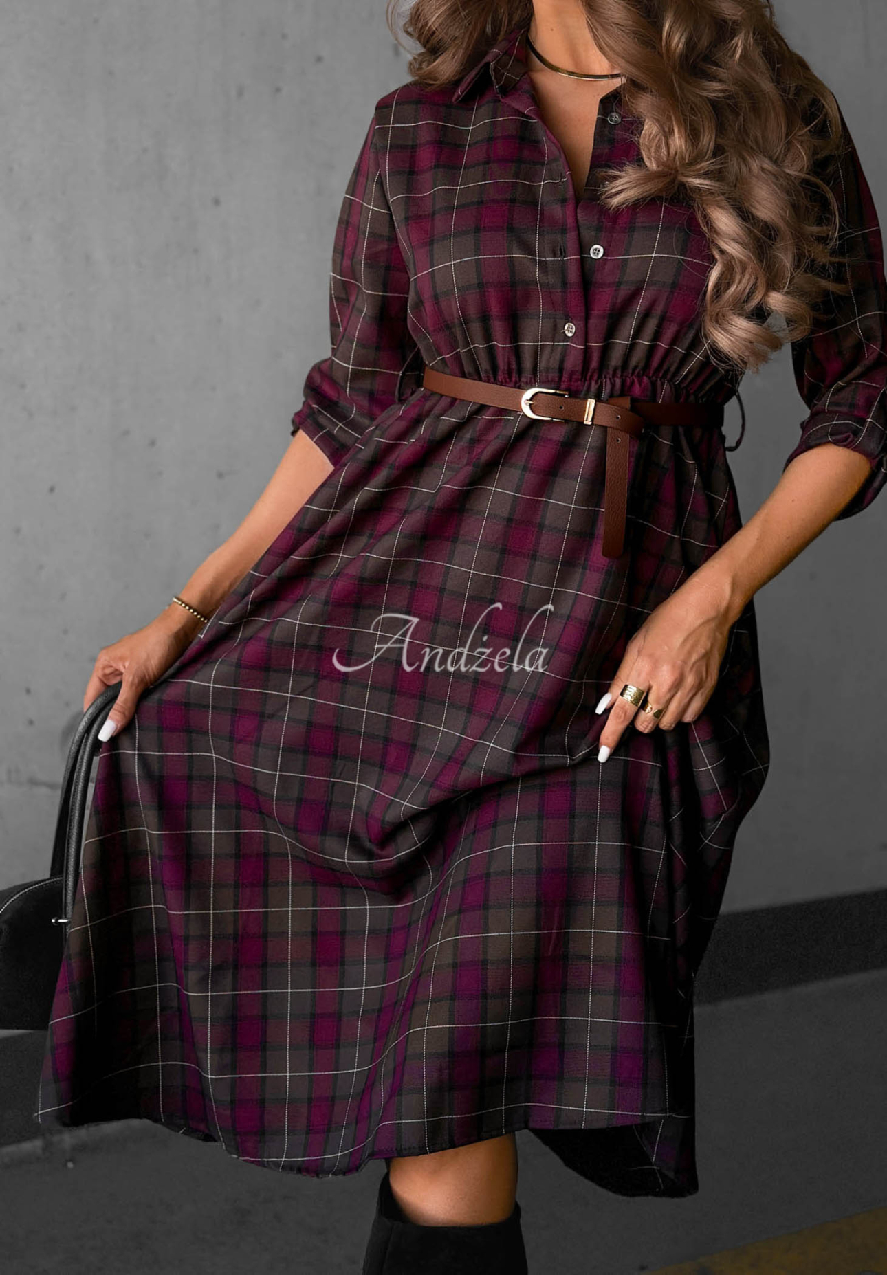Midikleid im Hemdblusenstil mit Karomuster und Gürtel Dark Romance schokoladenbraun-burgunderrot
