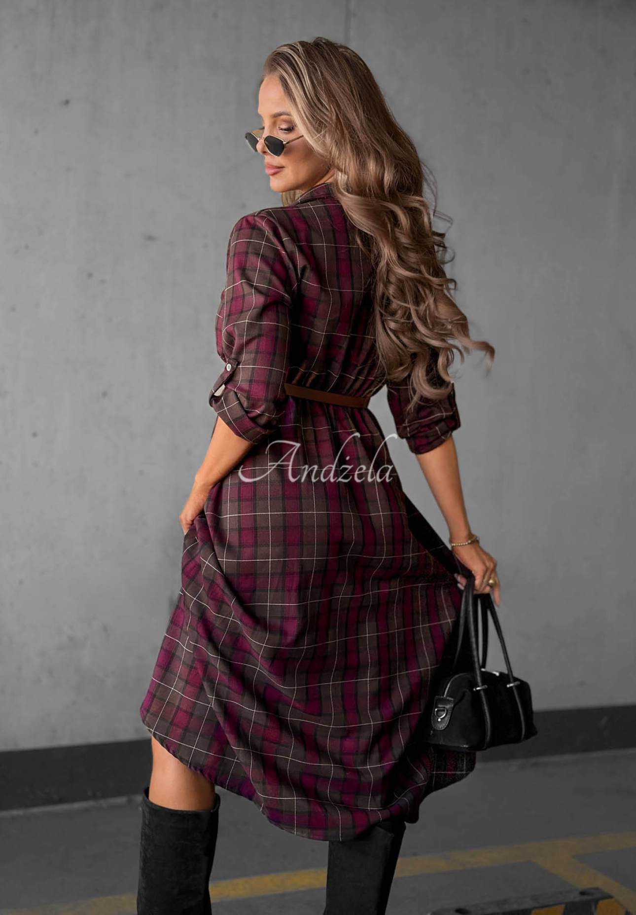 Midikleid im Hemdblusenstil mit Karomuster und Gürtel Dark Romance schokoladenbraun-burgunderrot