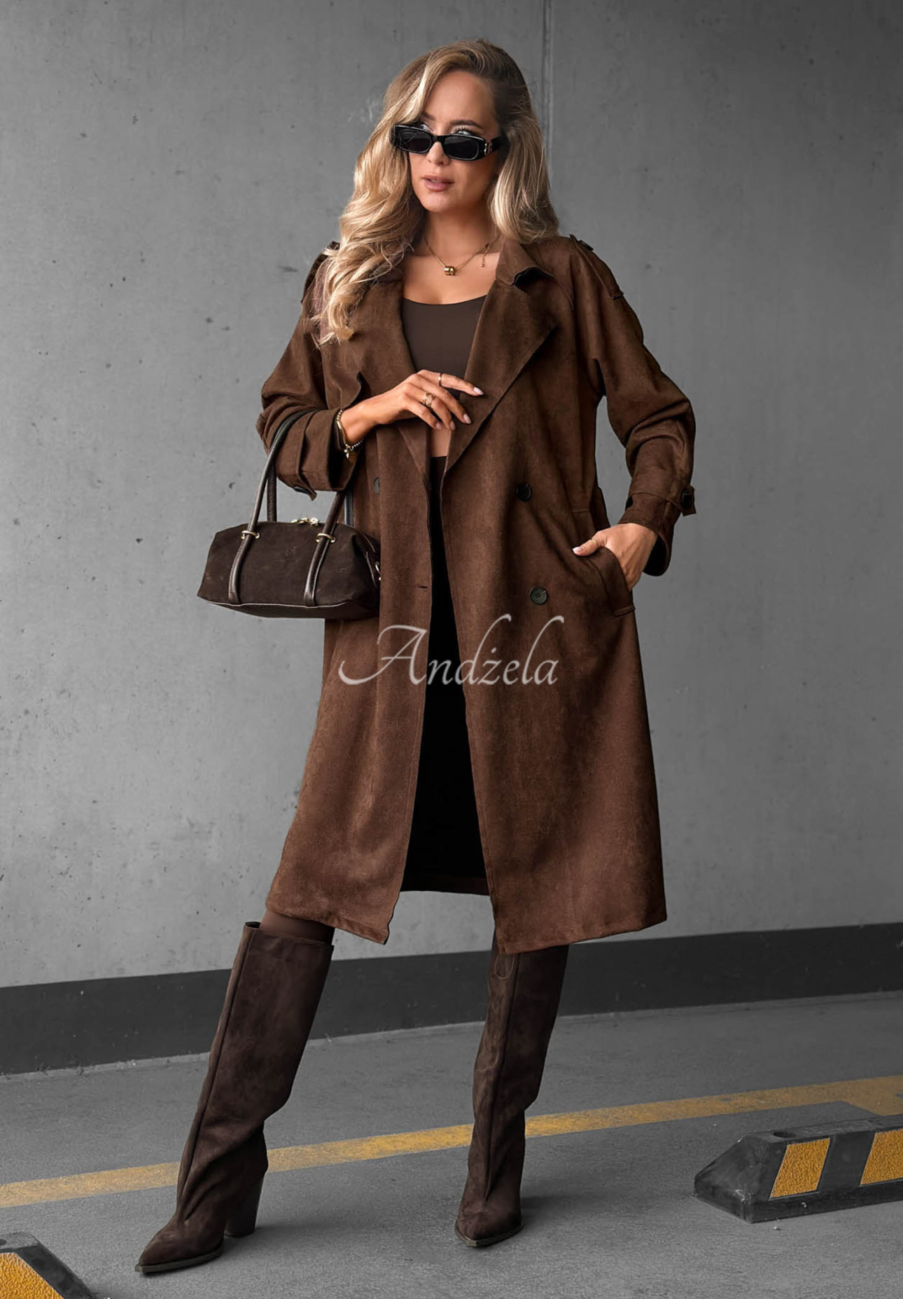 Zweireihiger Wildleder-Trenchcoat mit Gürtel Autumn Honey Schokoladenbraun
