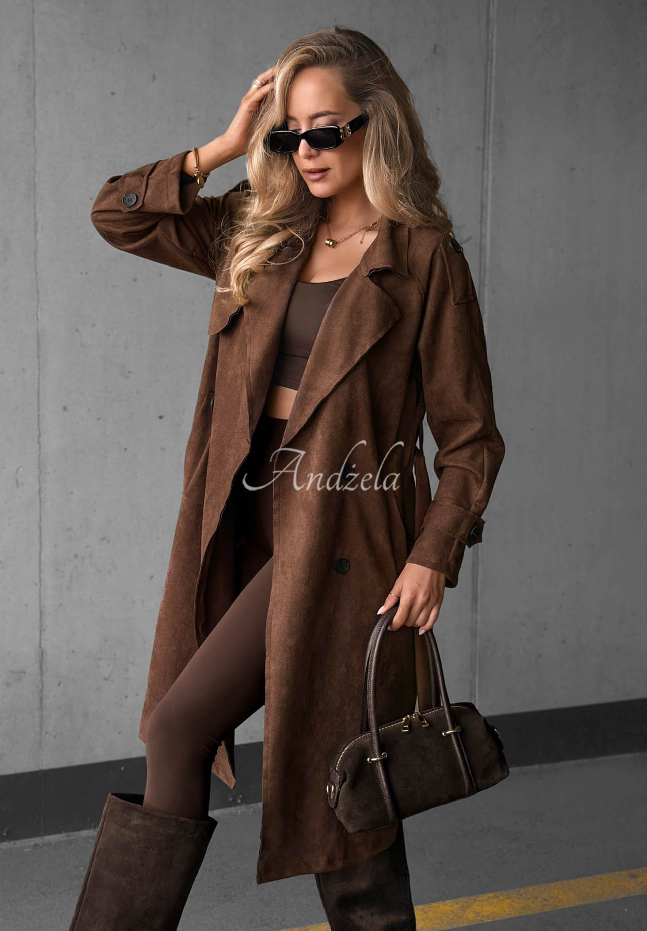 Zweireihiger Wildleder-Trenchcoat mit Gürtel Autumn Honey Schokoladenbraun