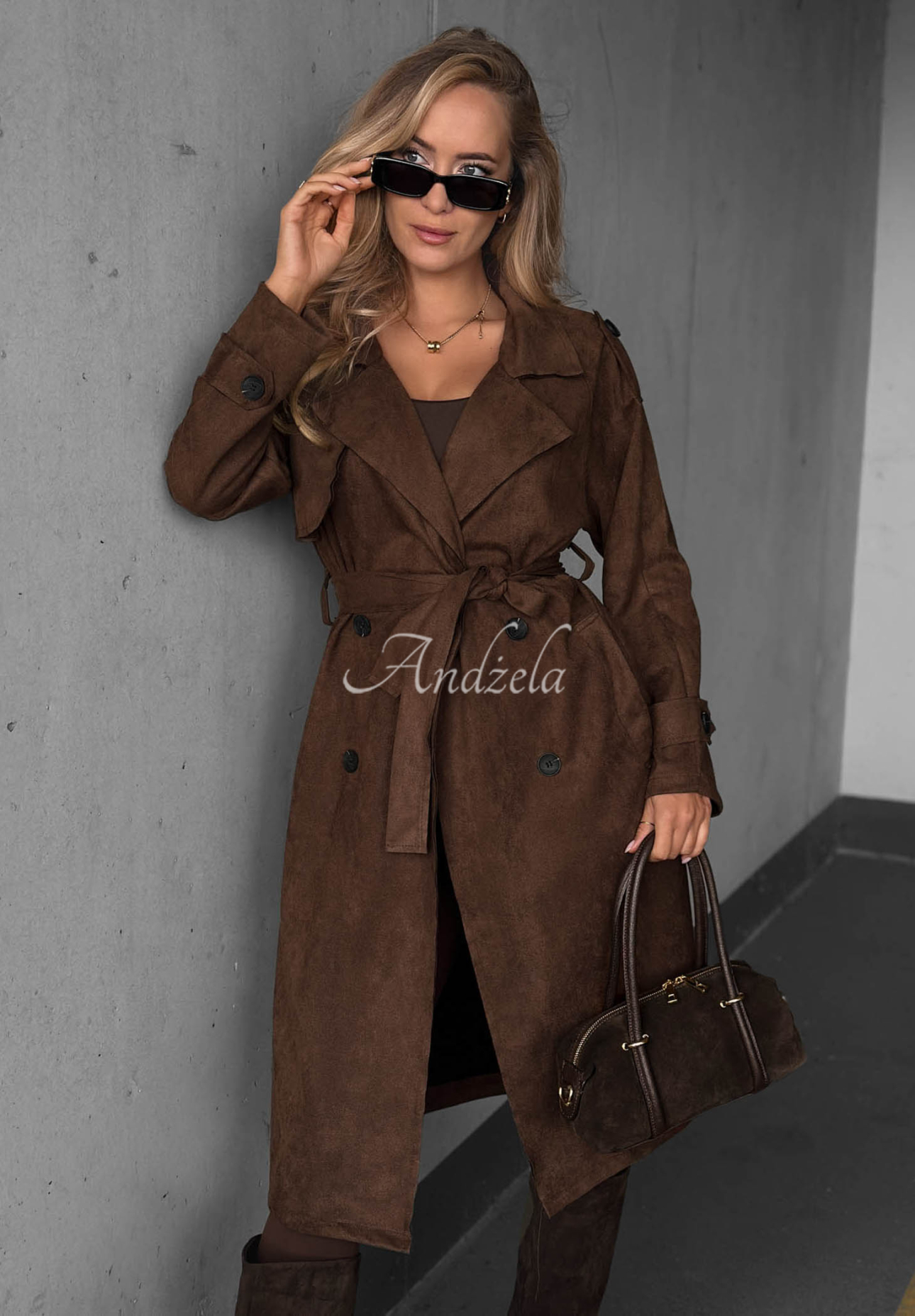 Zweireihiger Wildleder-Trenchcoat mit Gürtel Autumn Honey Schokoladenbraun